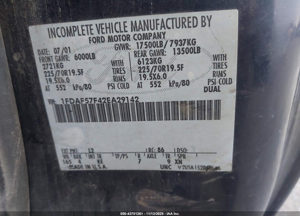 2002 FORD F-550 XL/XLT VIN: 1FDAF57F42EA29142