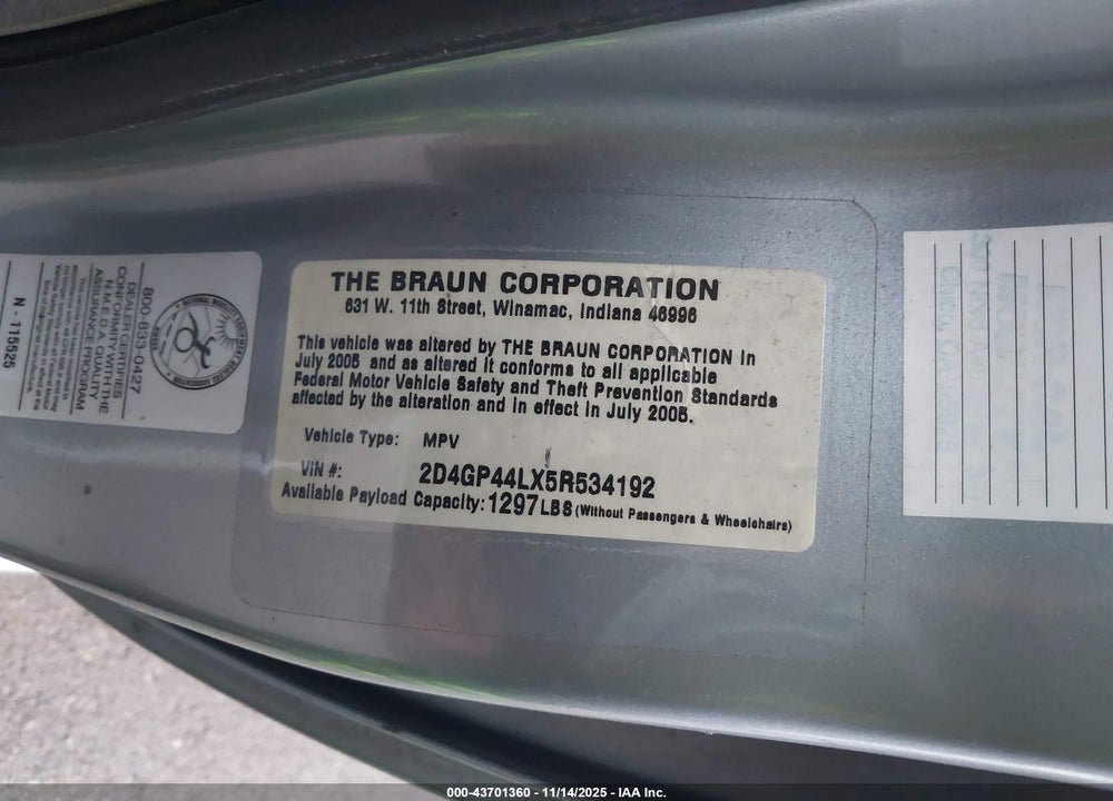 2005 DODGE GRAND CARAVAN SXT VIN: 2D4GP44LX5R534192