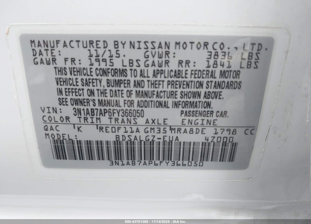2015 NISSAN SENTRA SL VIN: 3N1AB7AP6FY366050