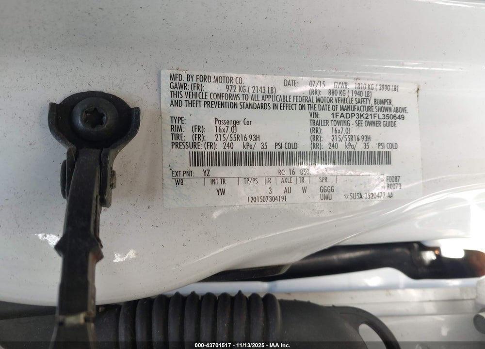 2015 FORD FOCUS SE VIN: 1FADP3K21FL350649