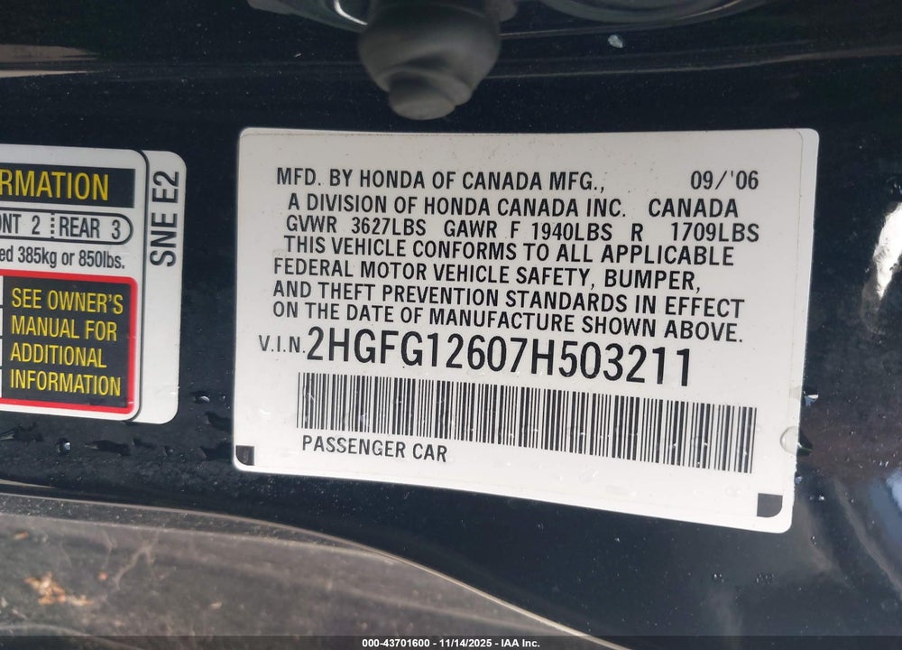 2007 HONDA CIVIC VIN: 2HGFG12607H503211