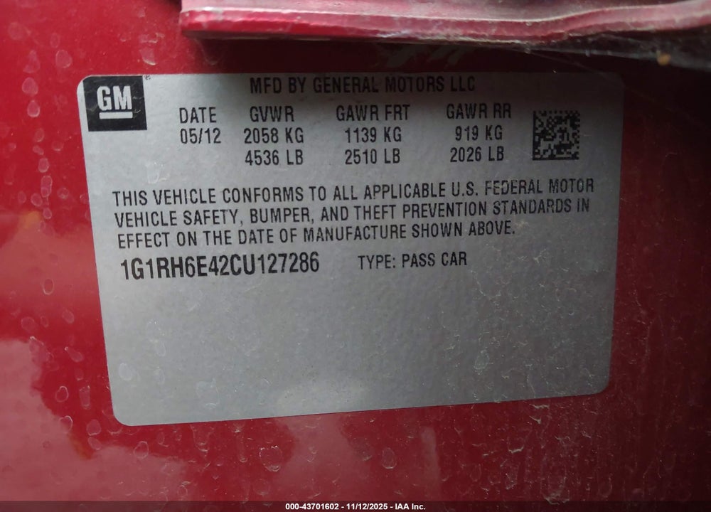 2012 CHEVROLET VOLT VIN: 1G1RH6E42CU127286