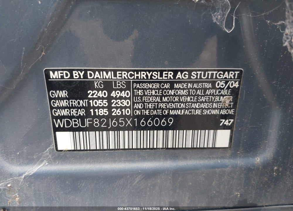 2005 MERCEDES-BENZ E 320 VIN: WDBUF82J65X166069