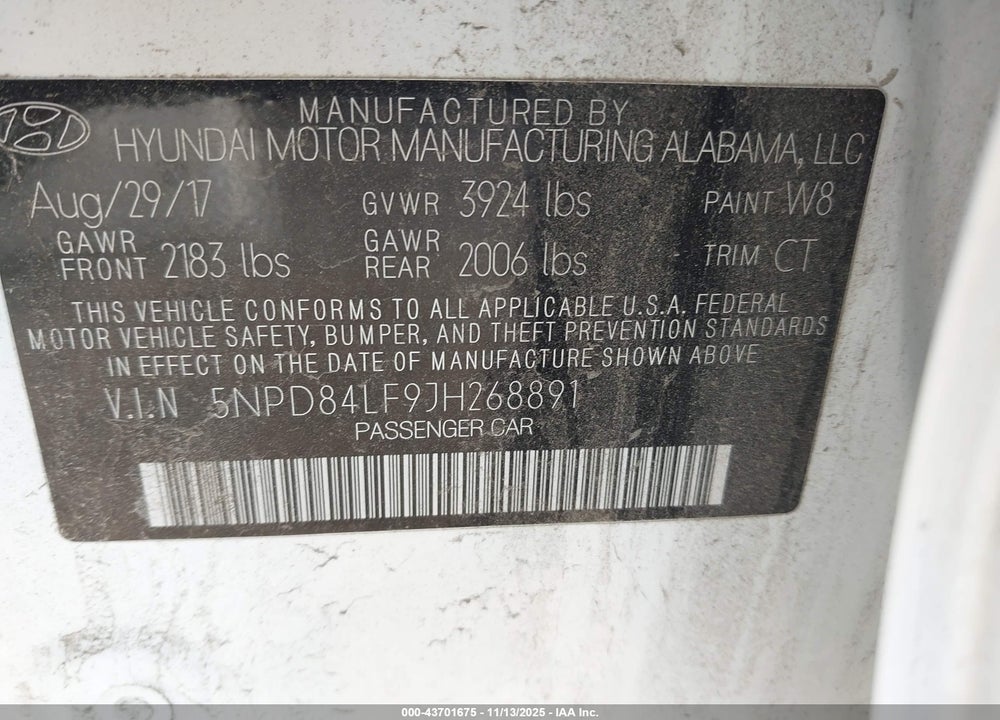 2018 HYUNDAI ELANTRA SEL VIN: 5NPD84LF9JH268891