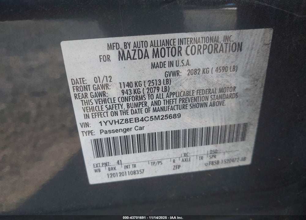 2012 MAZDA 6 VIN: 1YVHZ8EB4C5M25689