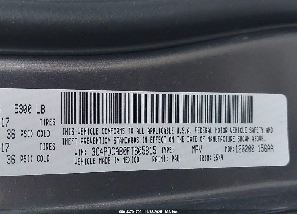 2015 DODGE JOURNEY VIN: 3C4PDCAB0FT605815