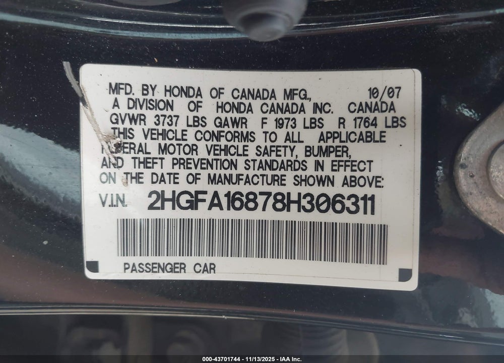 2008 HONDA CIVIC EX VIN: 2HGFA16878H306311
