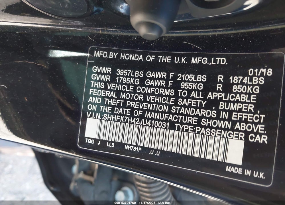 2018 HONDA CIVIC SPORT VIN: SHHFK7H42JU410031
