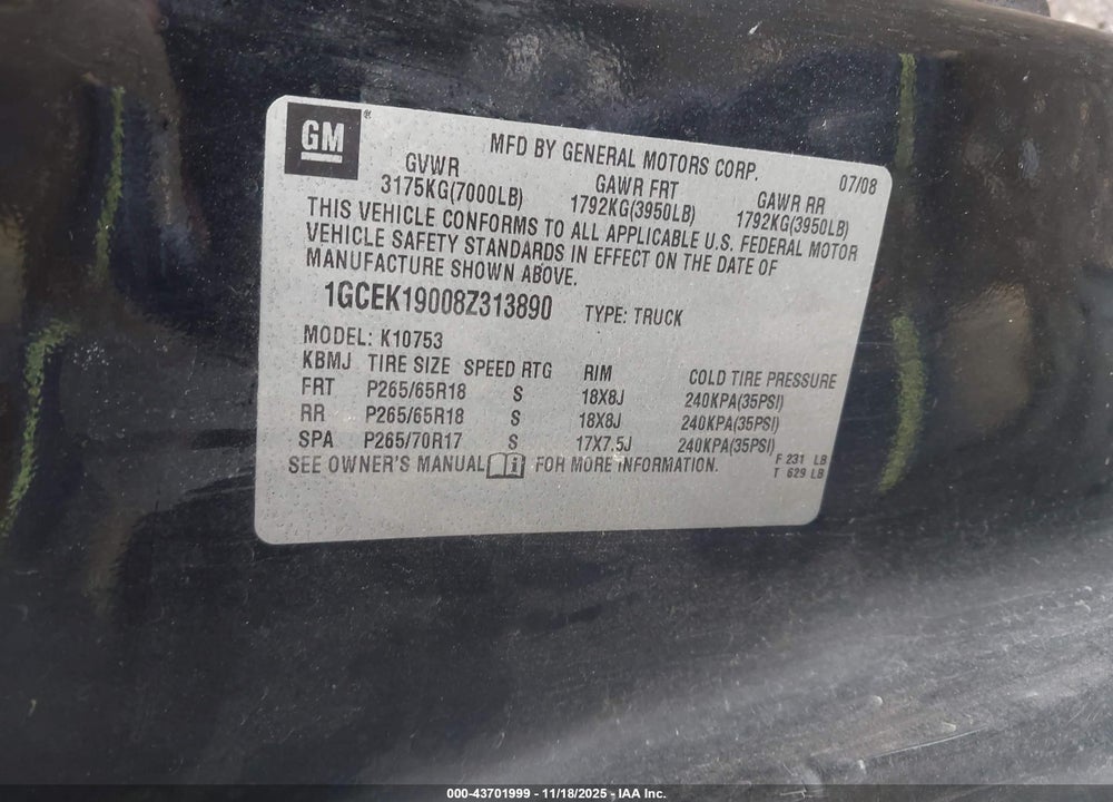 2008 CHEVROLET SILVERADO 1500 LT1 VIN: 1GCEK19008Z313890