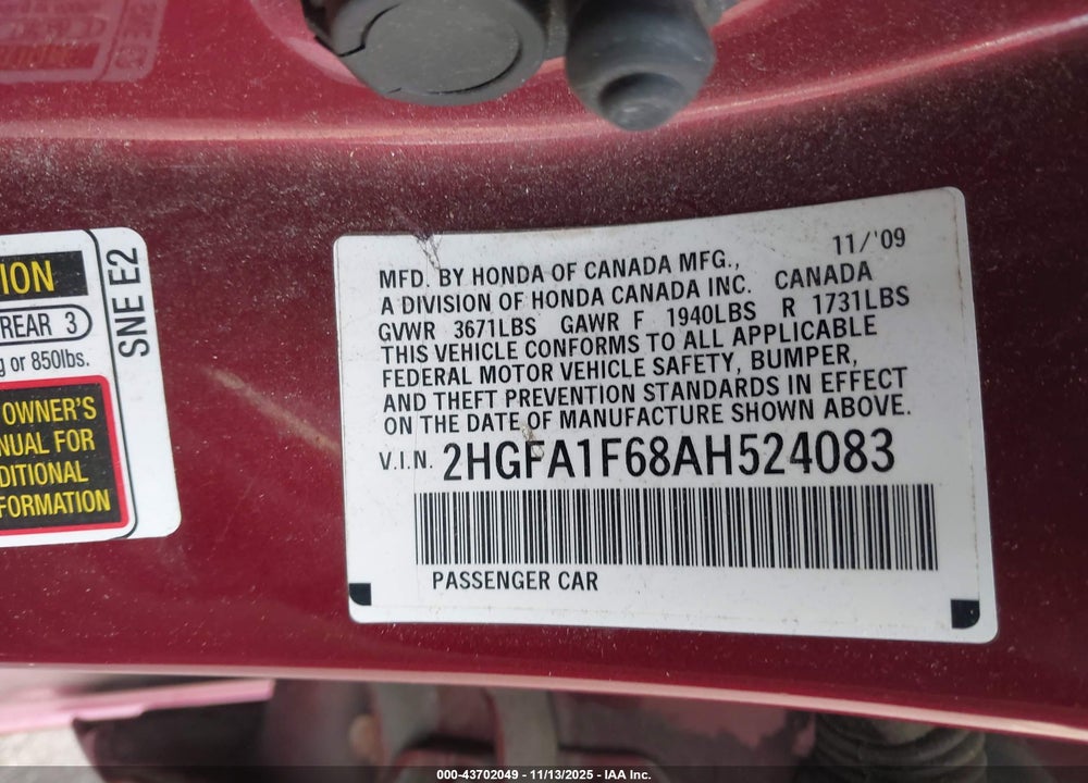 2010 HONDA CIVIC LX-S VIN: 2HGFA1F68AH524083