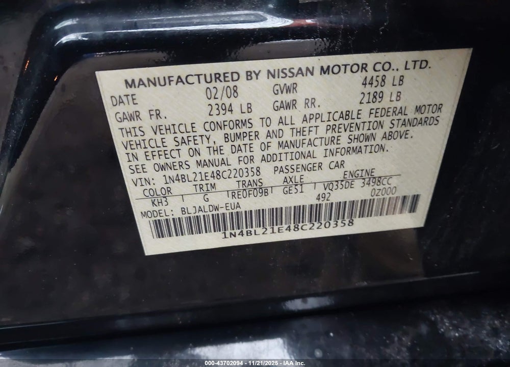 2008 NISSAN ALTIMA 3.5 SE VIN: 1N4BL21E48C220358
