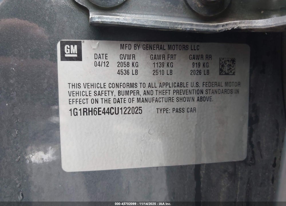 2012 CHEVROLET VOLT VIN: 1G1RH6E44CU122025