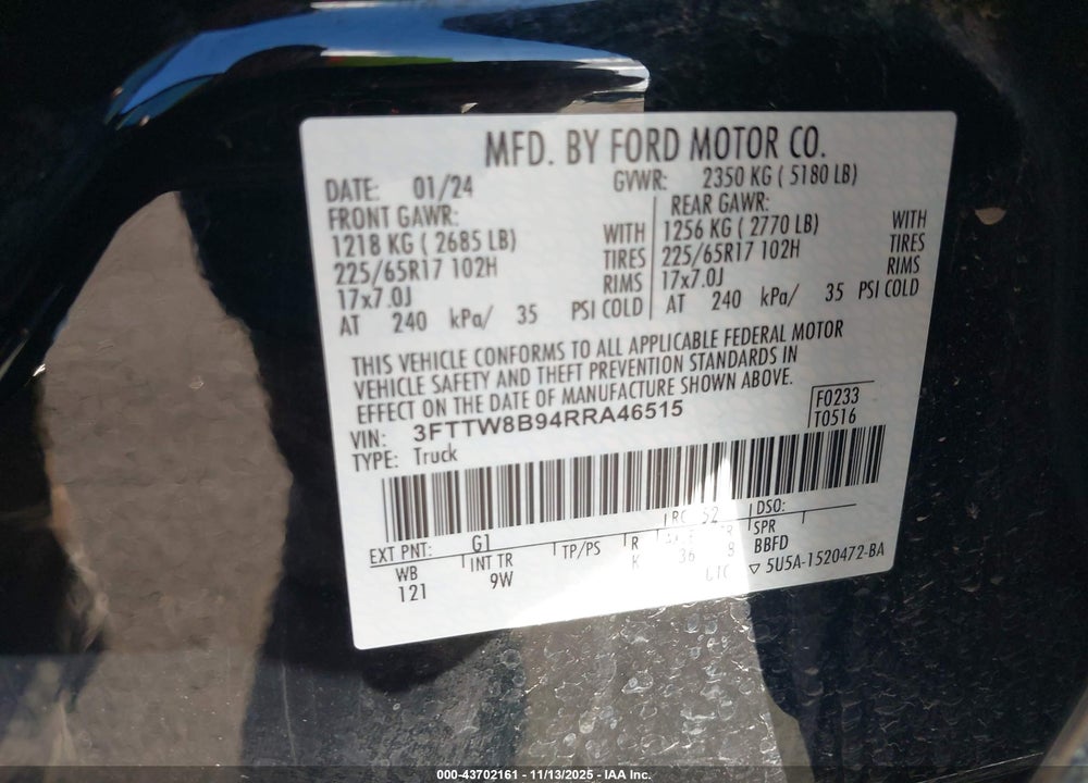 2024 FORD MAVERICK XL VIN: 3FTTW8B94RRA46515