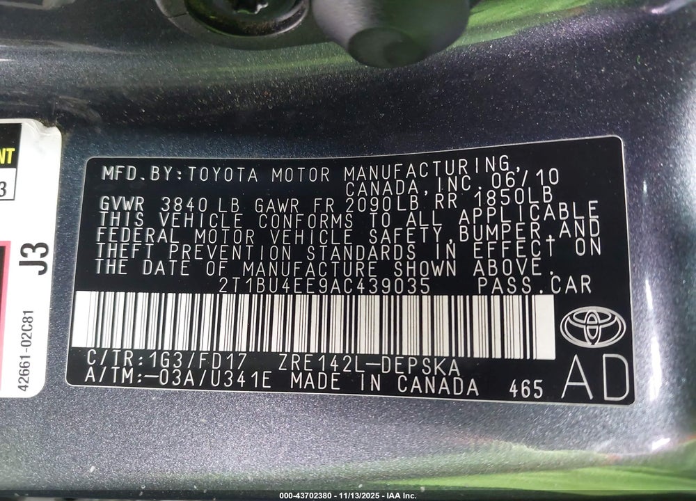 2010 TOYOTA COROLLA S VIN: 2T1BU4EE9AC439035