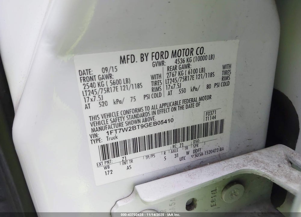 2016 FORD F-250 XL VIN: 1FT7W2BT9GEB05410