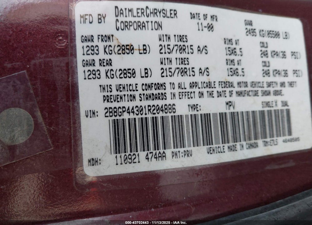 2001 DODGE GRAND CARAVAN SPORT VIN: 2B8GP44301R204886