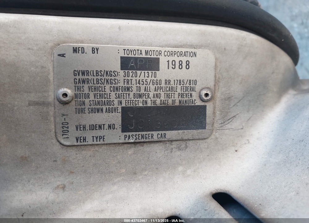 1988 TOYOTA MR2 T-BAR VIN: JT2AW15J6J0139022