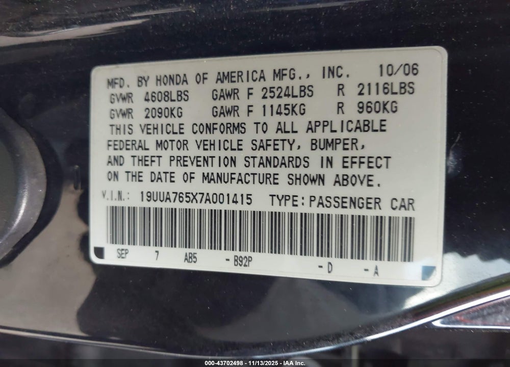2007 ACURA TL TYPE S VIN: 19UUA765X7A001415