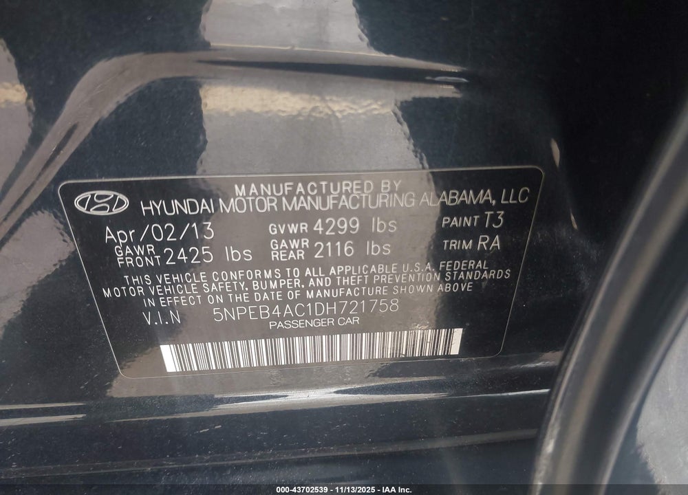 2013 HYUNDAI SONATA GLS VIN: 5NPEB4AC1DH721758