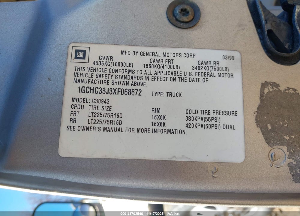 1999 CHEVROLET C3500 VIN: 1GCHC33J3XF068672