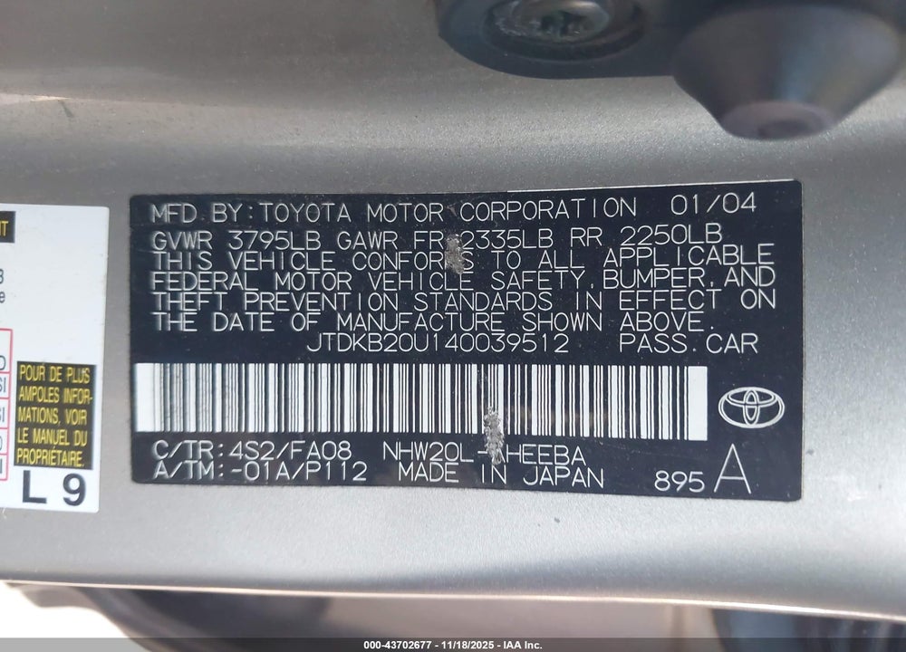 2004 TOYOTA PRIUS VIN: JTDKB20U140039512