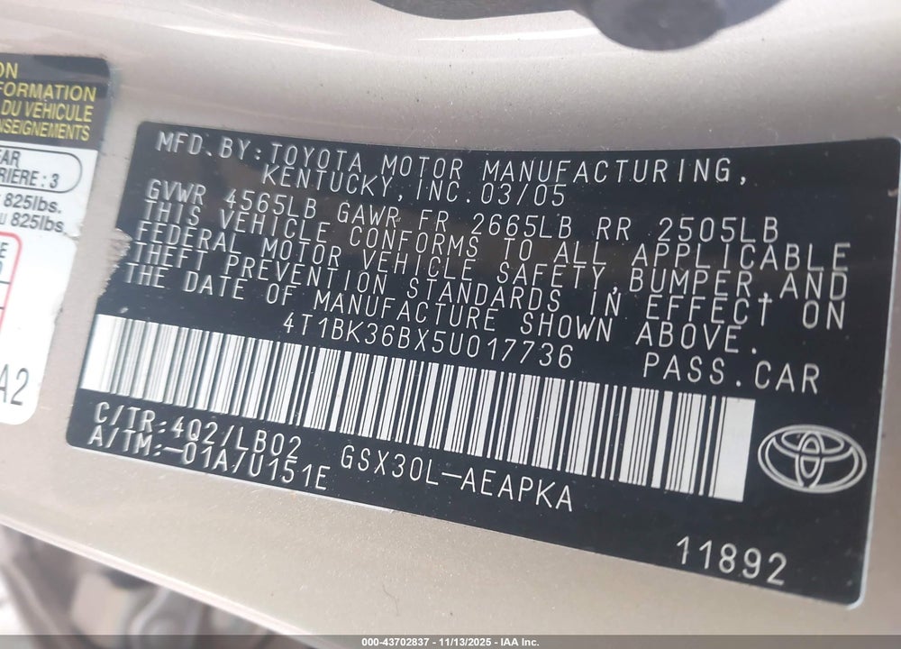 2005 TOYOTA AVALON LIMITED VIN: 4T1BK36BX5U017736