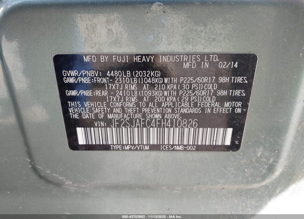 2015 SUBARU FORESTER 2.5I PREMIUM VIN: JF2SJAFC4FH410826