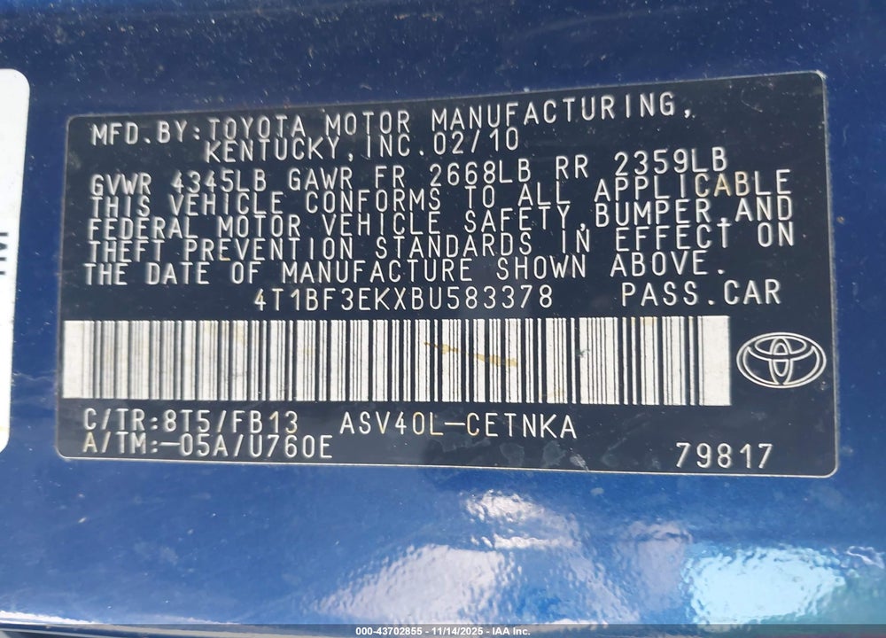 2011 TOYOTA CAMRY LE VIN: 4T1BF3EKXBU583378