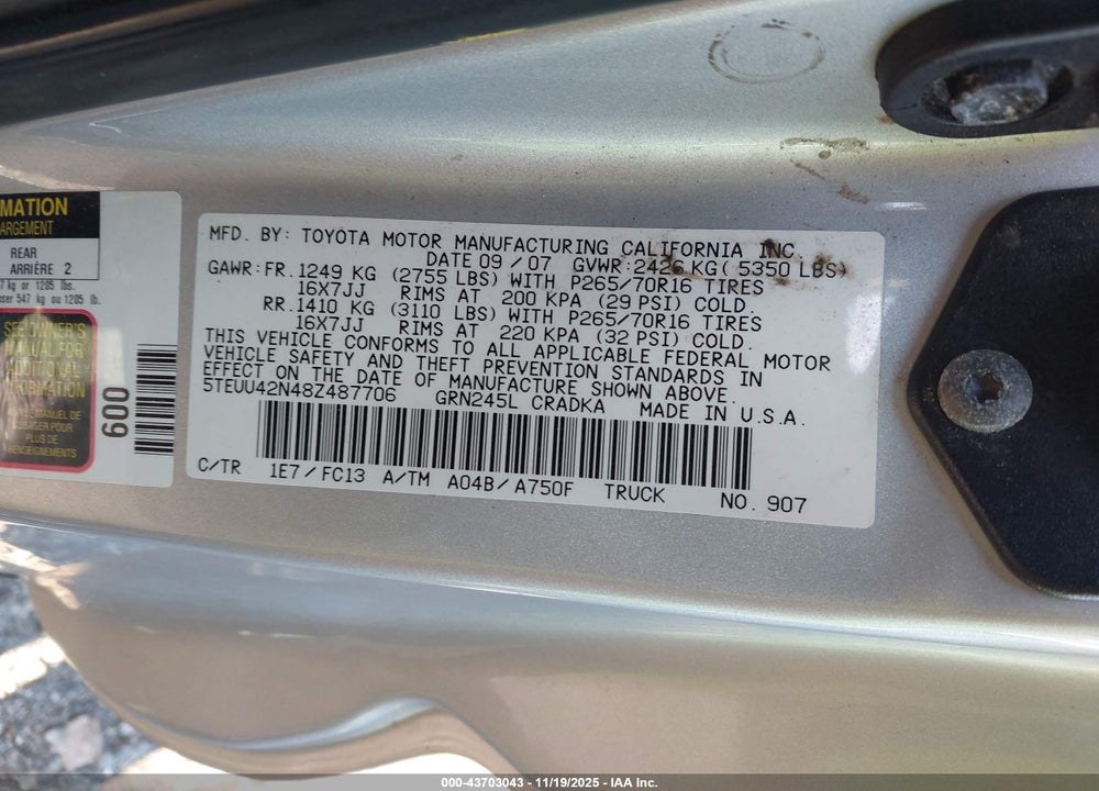 2008 TOYOTA TACOMA BASE V6 VIN: 5TEUU42N48Z487706