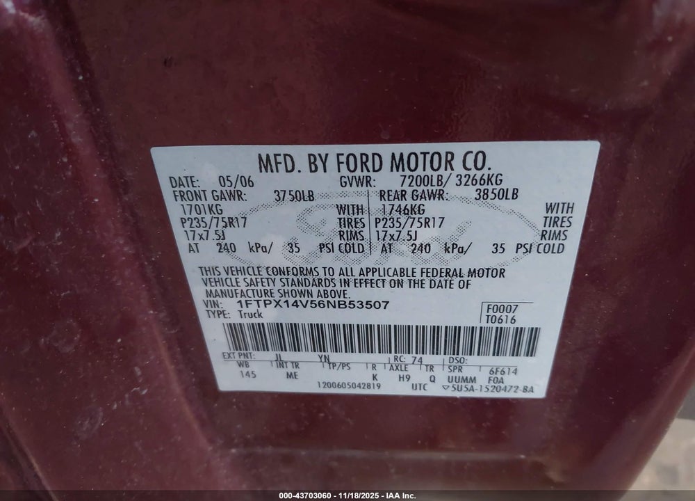 2006 FORD F-150 FX4/LARIAT/XL/XLT VIN: 1FTPX14V56NB53507
