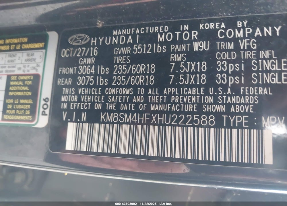 2017 HYUNDAI SANTA FE SE VIN: KM8SM4HFXHU222588