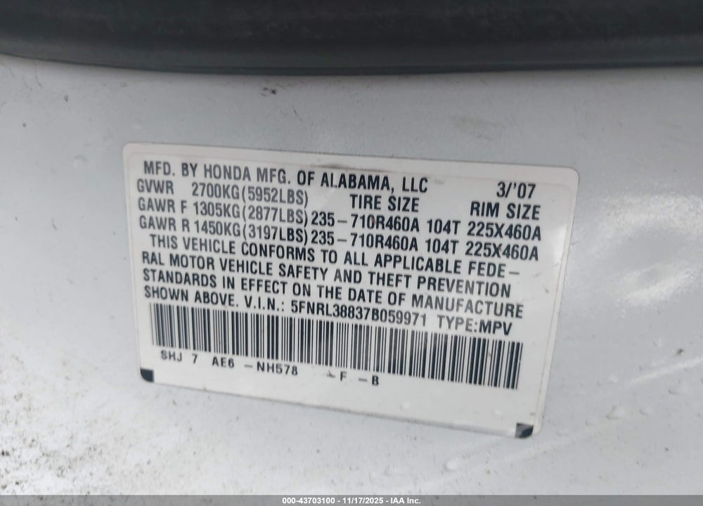 2007 HONDA ODYSSEY TOURING VIN: 5FNRL38837B059971