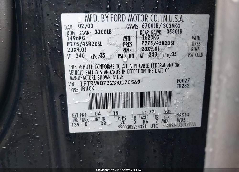 2003 FORD F-150 LARIAT VIN: 1FTRW07323KC70569