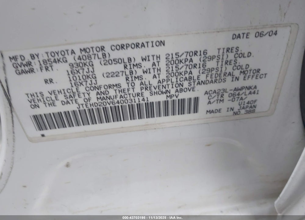2004 TOYOTA RAV4 VIN: JTEHD20V640031141