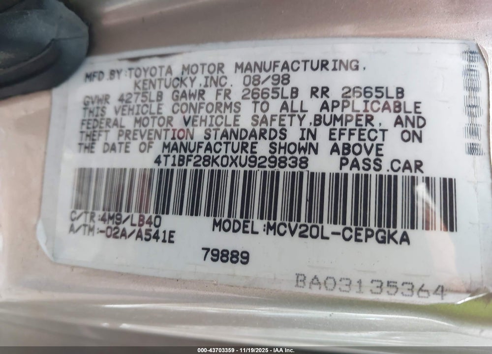 1999 TOYOTA CAMRY LE/XLE VIN: 4T1BF28K0XU929838