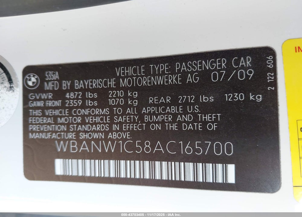 2010 BMW 535I VIN: WBANW1C58AC165700