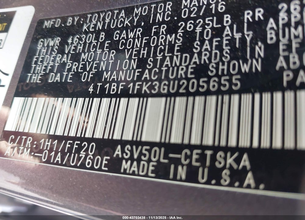 2016 TOYOTA CAMRY SE VIN: 4T1BF1FK3GU205655