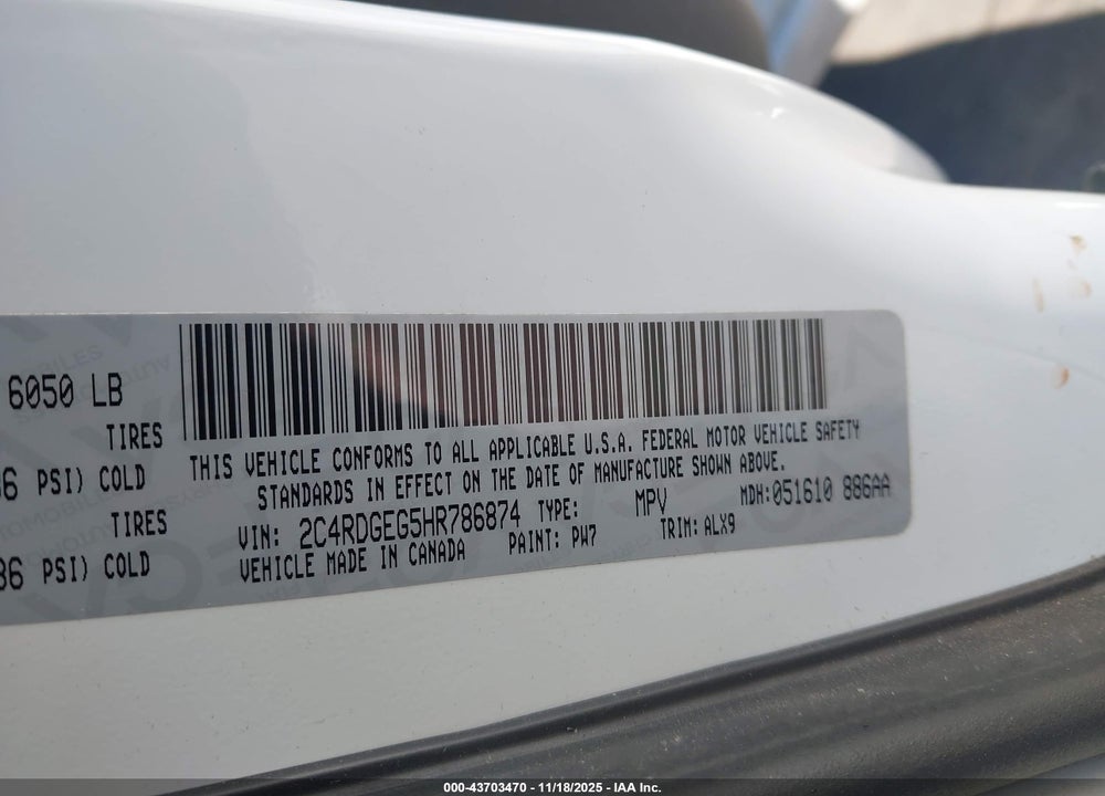 2017 DODGE GRAND CARAVAN GT VIN: 2C4RDGEG5HR786874