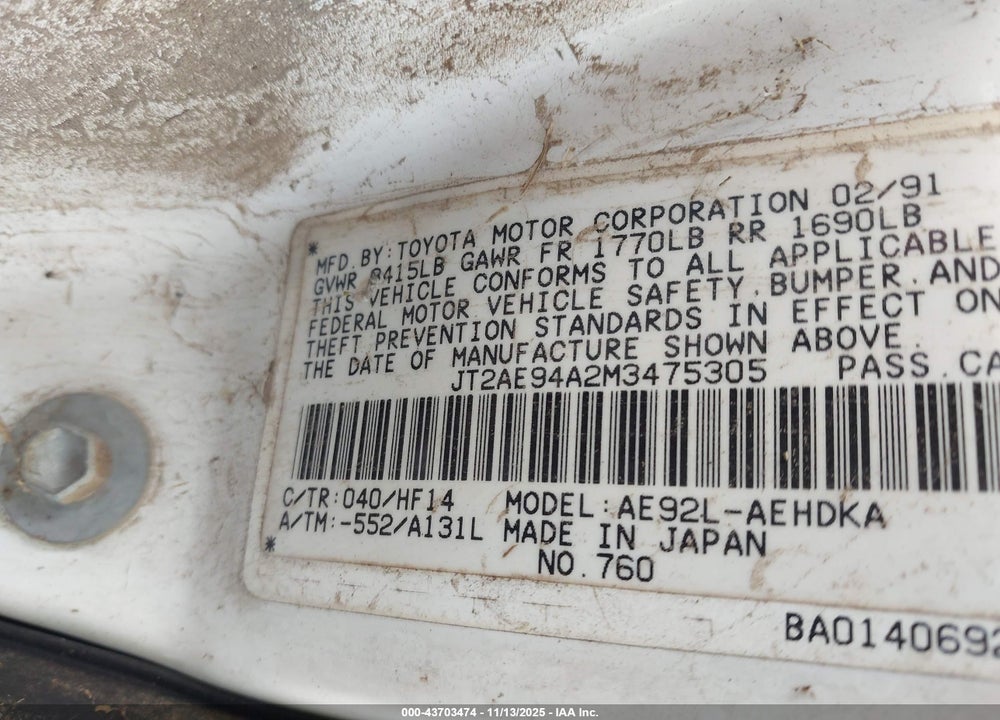 1991 TOYOTA COROLLA VIN: JT2AE94A2M3475305
