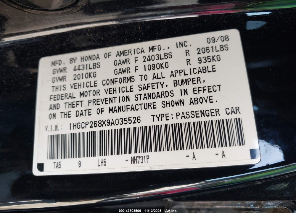2009 HONDA ACCORD 2.4 EX-L VIN: 1HGCP268X9A035526