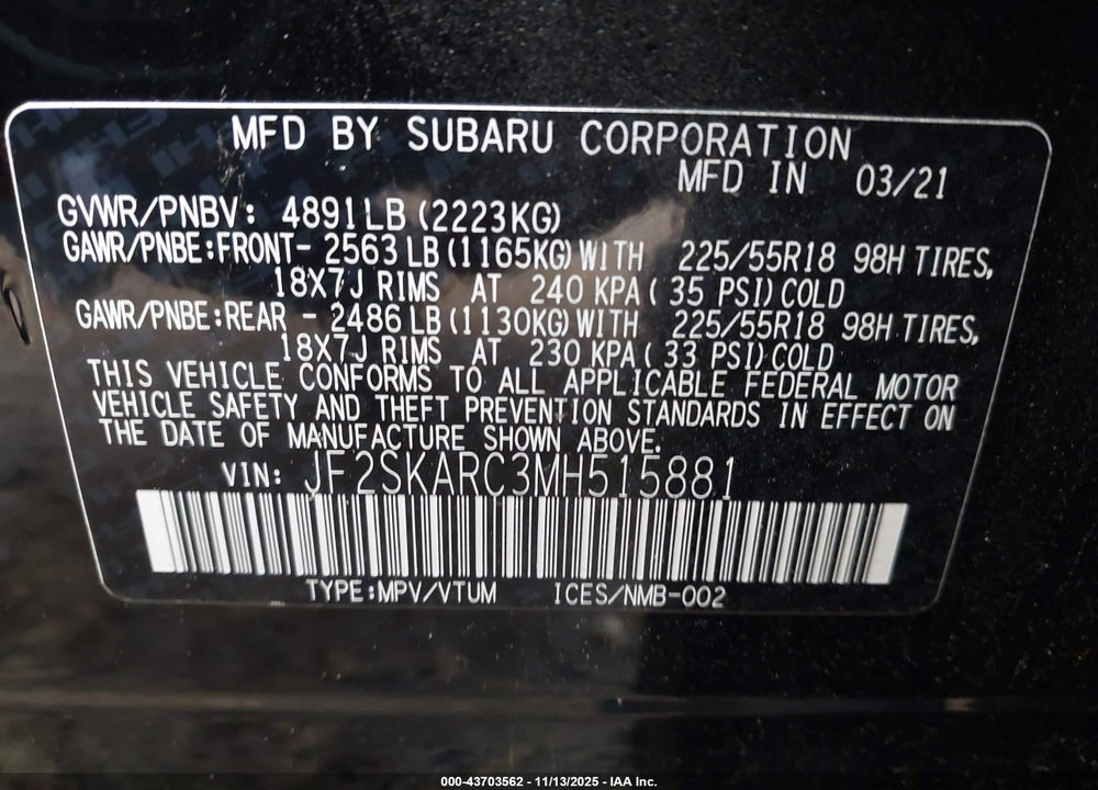 2021 SUBARU FORESTER SPORT VIN: JF2SKARC3MH515881