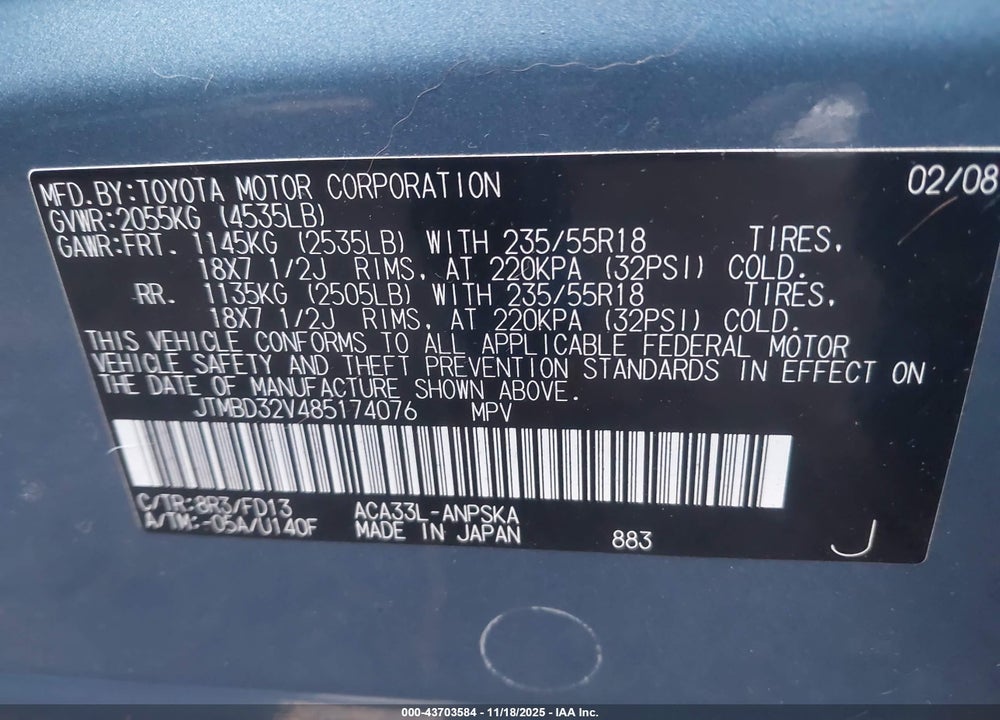 2008 TOYOTA RAV4 VIN: JTMBD32V485174076