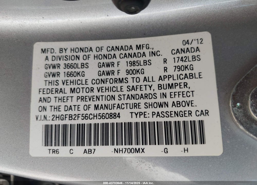 2012 HONDA CIVIC LX VIN: 2HGFB2F56CH560884