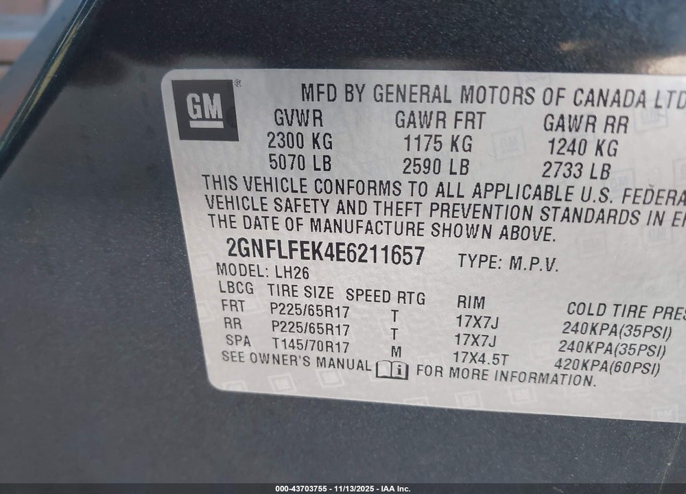 2014 CHEVROLET EQUINOX 1LT VIN: 2GNFLFEK4E6211657