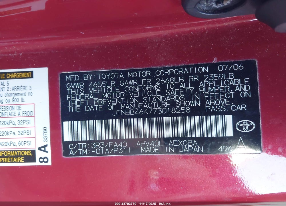 2007 TOYOTA CAMRY HYBRID VIN: JTNBB46K773018258