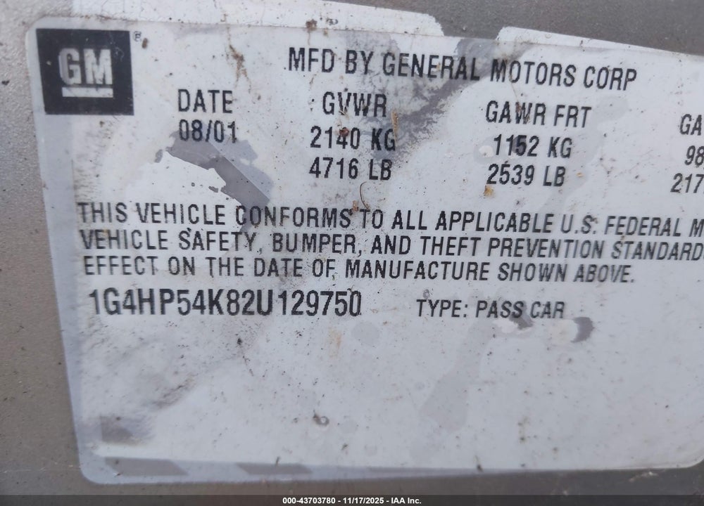 2002 BUICK LESABRE CUSTOM VIN: 1G4HP54K82U129750