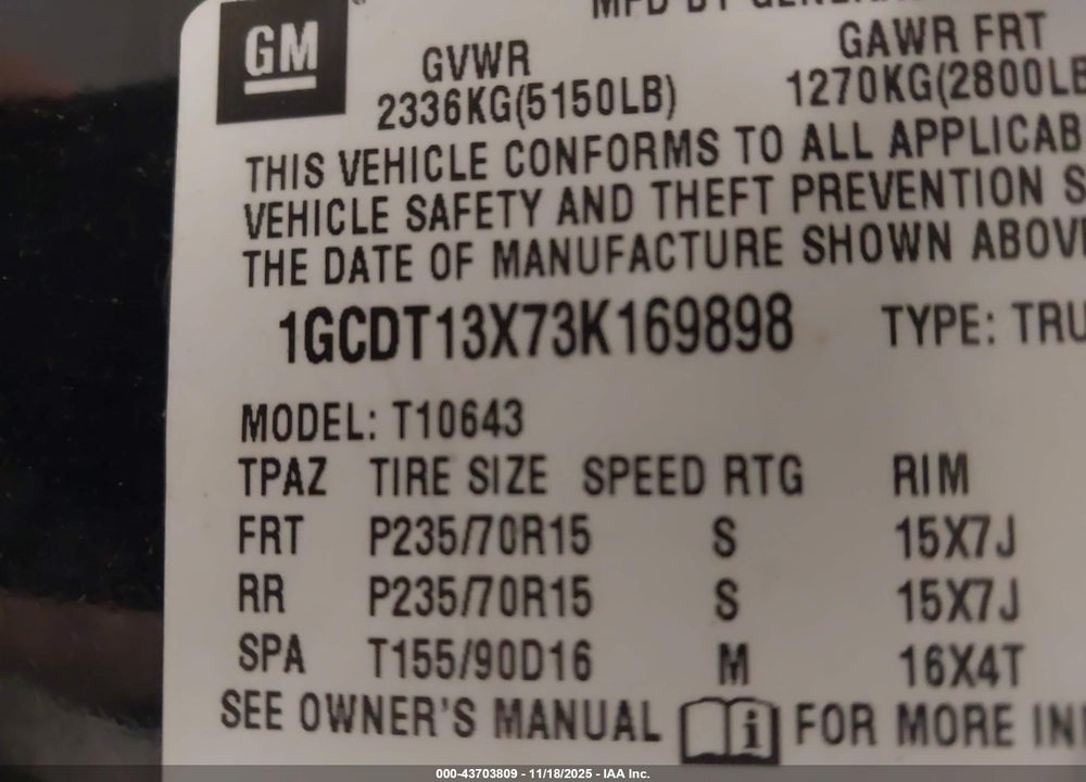 2003 CHEVROLET S-10 LS VIN: 1GCDT13X73K169898
