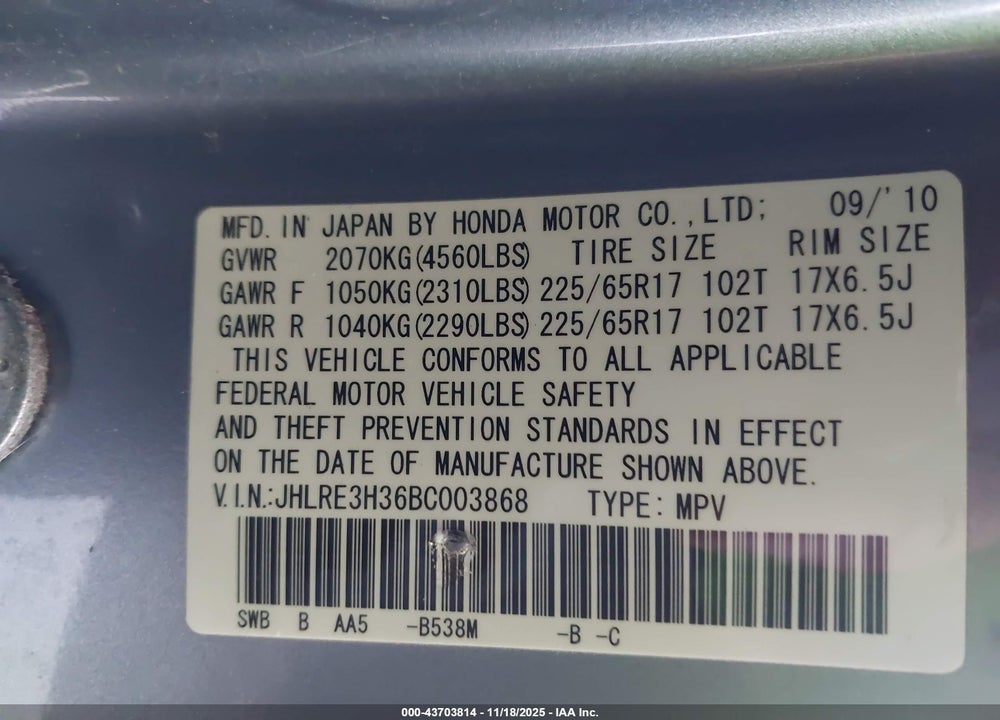 2011 HONDA CR-V LX VIN: JHLRE3H36BC003868
