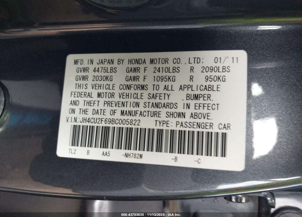 2011 ACURA TSX VIN: JH4CU2F69BC005822