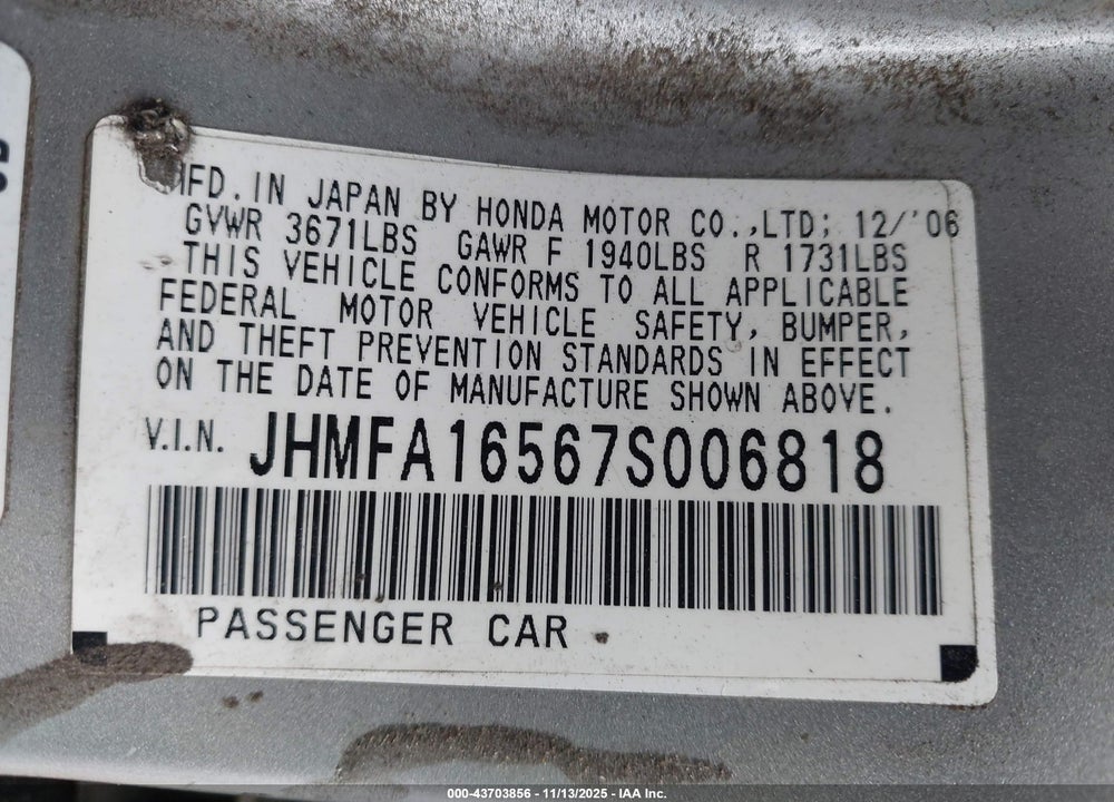 2007 HONDA CIVIC LX VIN: JHMFA16567S006818